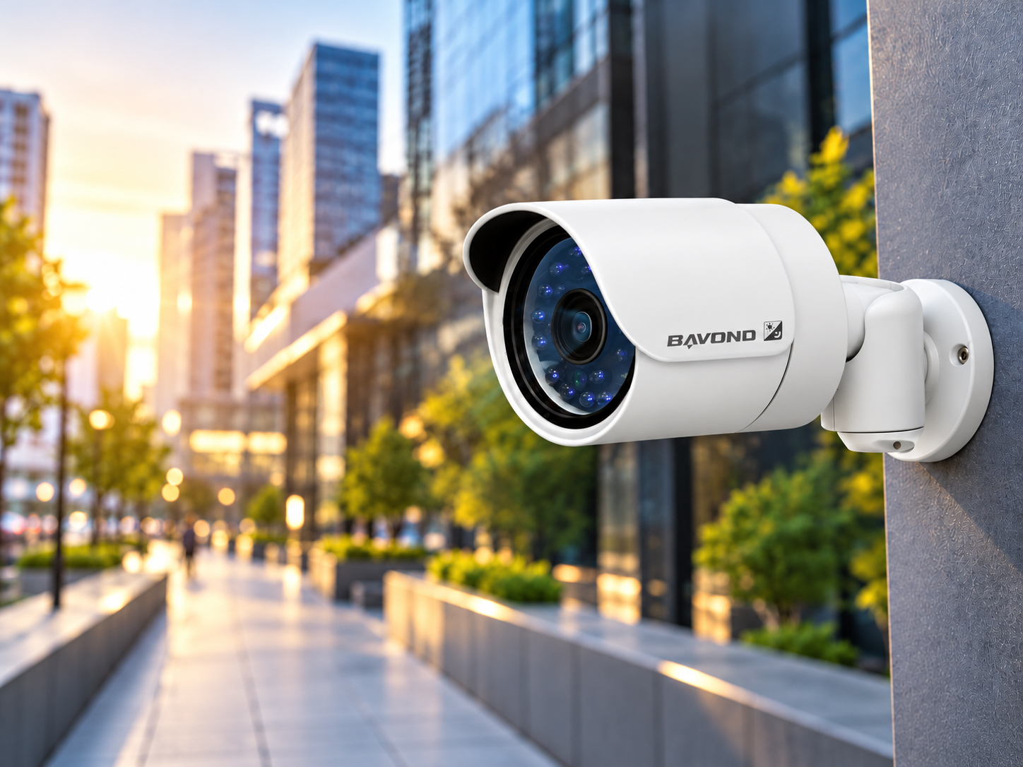 CCTV surveillance cameras against a city skyline