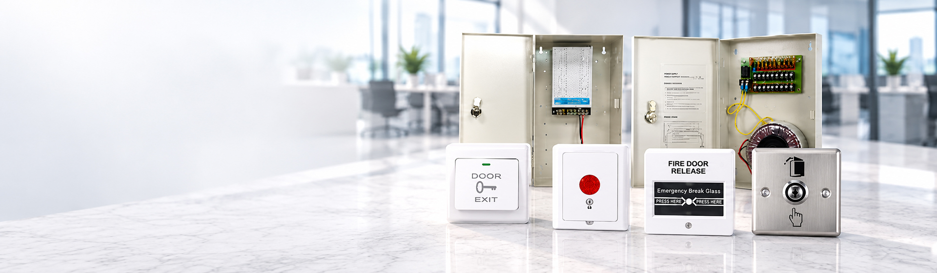 Access control card reader and power supply control enclosure