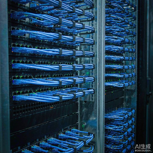 Server rack with blue ethernet cables in a data center