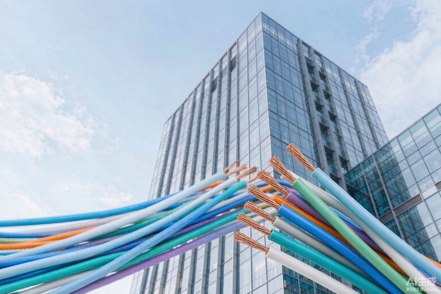 Colorful network cables in front of a modern office tower