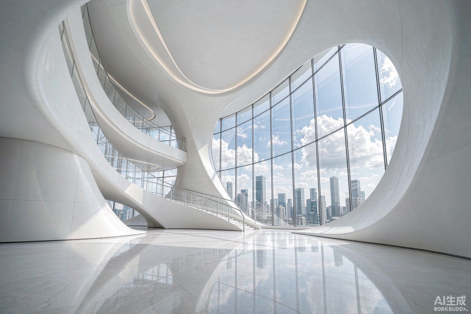 Bright modern corporate building interior with curved white architecture